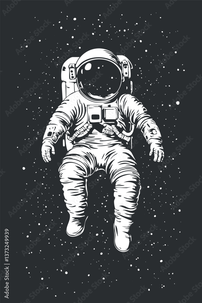 Black and white illustration of an astronaut floating in space surrounded by stars. Black and white illustration of an astronaut floating in space surrounded by stars.