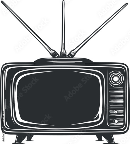 Vintage television with antenna and dials, black and white illustration depicting retro technology.