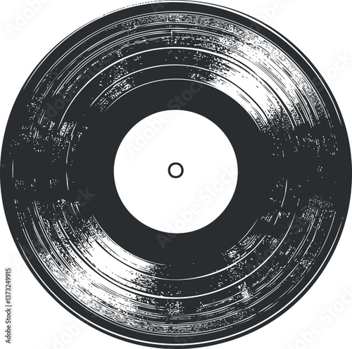 Grunge-style black and white illustration of a vintage vinyl record with textured grooves.