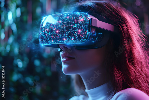 Woman wearing virtual reality glasses immersive experience photo