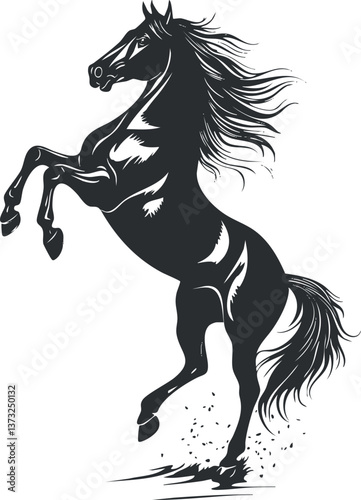 Dynamic black silhouette of a rearing horse with flowing mane, symbolizing power and freedom.