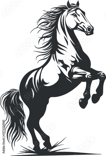Black and white sketch of a rearing horse, capturing dynamic movement and elegance.