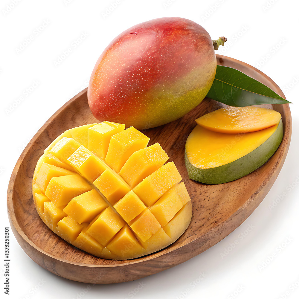 Fresh Ripe Mango with Sliced and Diced Pieces on Wooden Plate Fresh Ripe Mango with Sliced and Diced Pieces on Wooden Plate