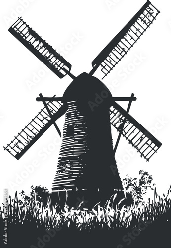 Silhouette of a traditional windmill with blades against a white background and grassy foreground.