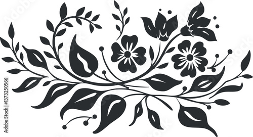 Elegant black floral silhouette illustration featuring intricate leaf and flower patterns.