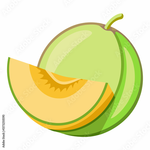 A whole melon with a slice cut in half, revealing its juicy interior, alongside a vibrant green slice.
