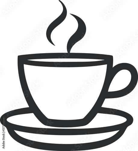 Black and white illustration of a steaming coffee cup on a saucer, symbolizing a hot beverage.