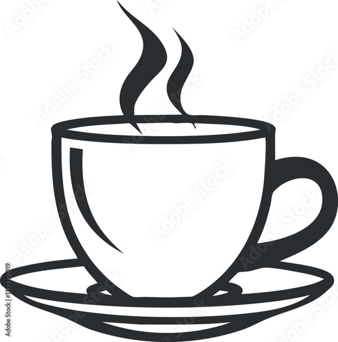 Black and white illustration of a steaming cup of coffee on a saucer.