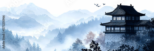 Misty Blue Mountain Landscape with Ancient Tower