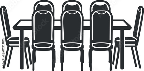 Illustration of a dining table with six chairs in a classic and modern design.