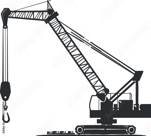 Silhouette of a construction crane with a hook in black and white illustration.