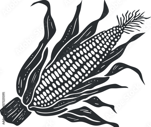 Black and white illustration of a corn cob with husks, emphasizing agricultural themes.