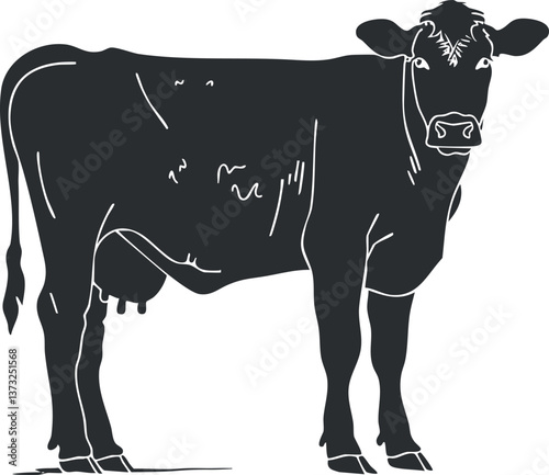 Silhouette illustration of a cow standing with visible udder and tail, ideal for farm graphics.