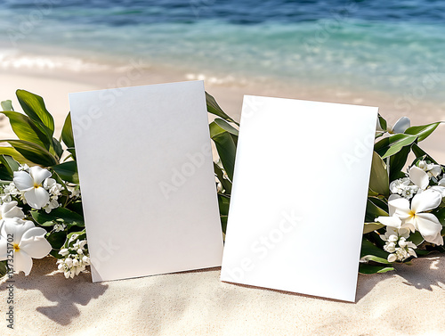 beach wedding invitation card mockup, two side by side white blank card mockup with ocean waves and floral decorations, green plant