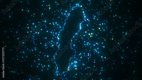 Futuristic digital visualization of Sweden map composed of glowing blue particles. The abstract cosmic design gives a sci-fi atmosphere with a modern and technological feel.
