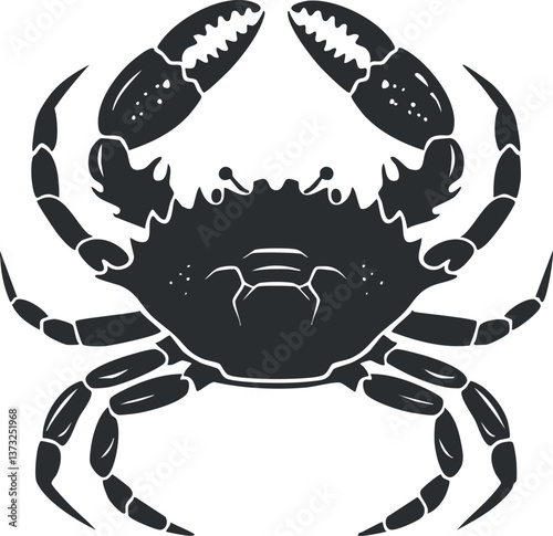 Black and white vector silhouette of a crab with detailed claws and shell design.