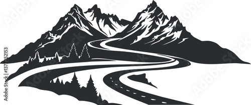 Black and white illustration of a winding road through mountainous landscape with trees.