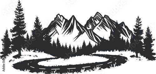 Black and white silhouette of mountains with pine trees and a winding path.