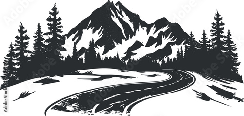 Illustration of a winding road through a forest with mountains in the background, in black and white.