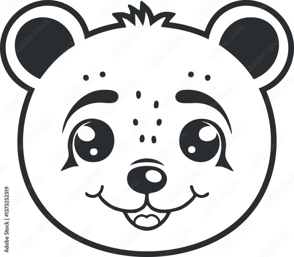 Obraz premium Black and white cartoon bear face illustration with a cute and cheerful expression.