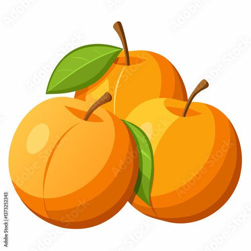 Two ripe apricots with green leaves resting on a clean white background.