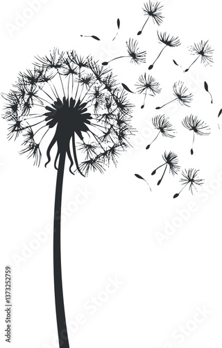 Black and white silhouette of a dandelion with seeds blowing in the wind.