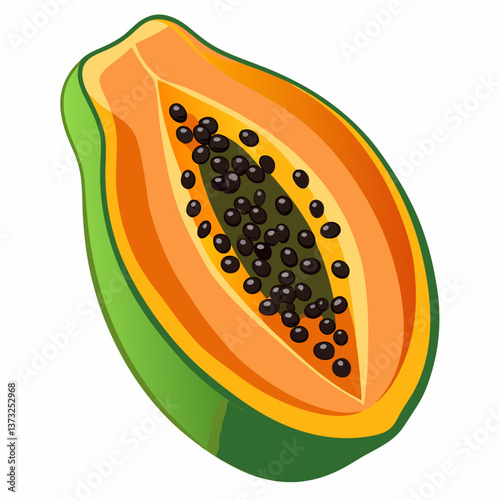 Isometric vector illustration of a papaya fruit, showcasing its vibrant color and unique shape in a stylized design.