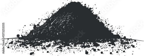 A pile of black charcoal powder with scattered granules on a white background.