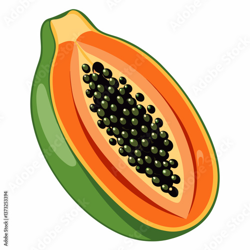 Isometric vector illustration of a papaya fruit, showcasing its vibrant color and unique shape in a stylized design.