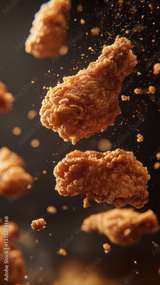Delicious crispy fried chicken drumsticks falling from the darkness above Delicious crispy fried chicken drumsticks falling from the darkness above