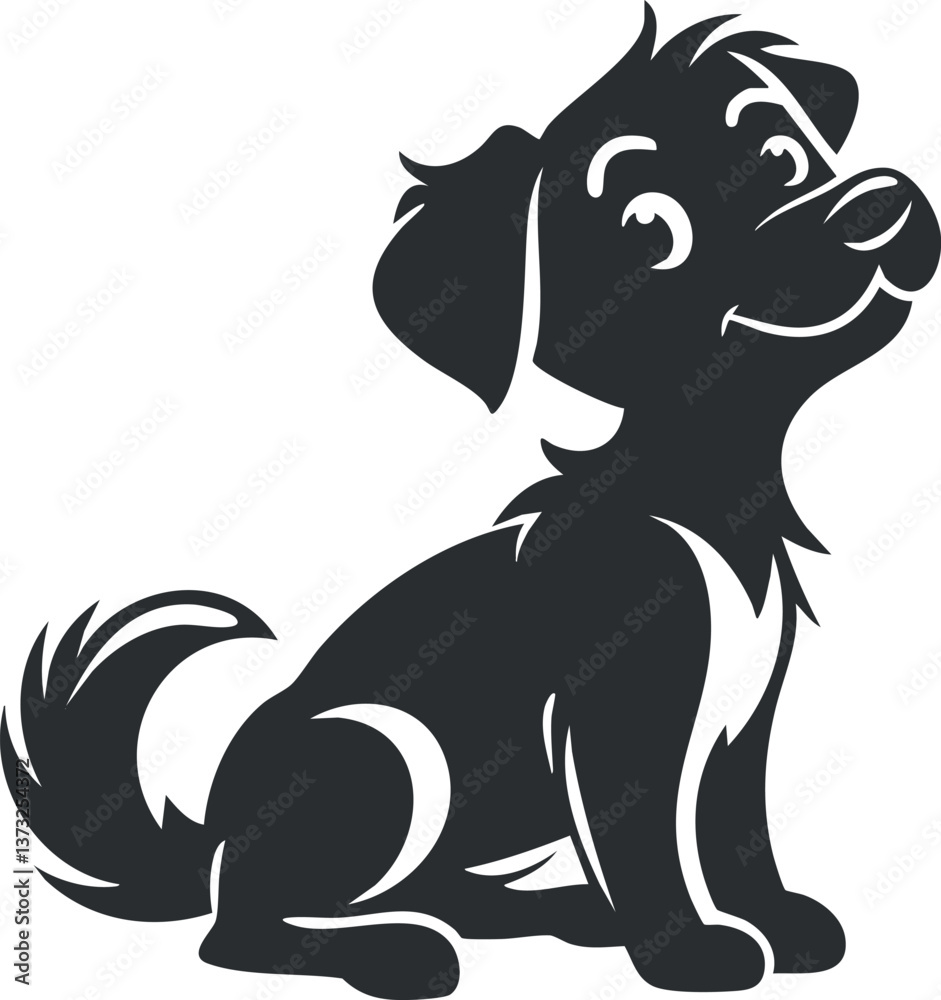 Fototapeta premium Cute cartoon dog illustration in black and white, featuring a friendly and adorable expression.