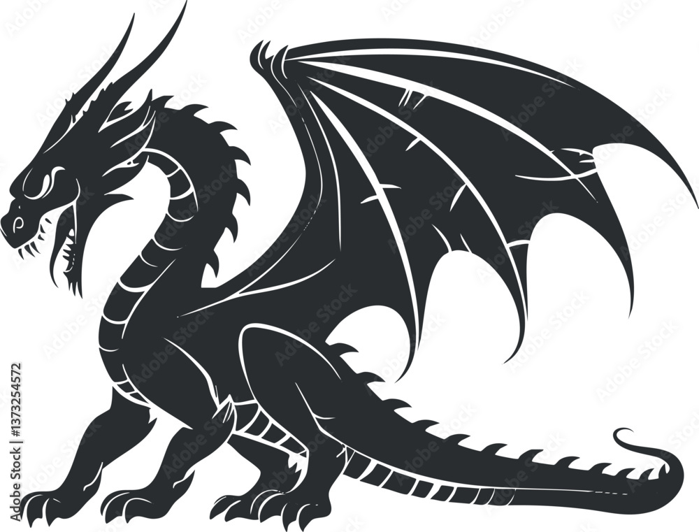 Naklejka premium Silhouette of a fierce dragon with wings and a long tail in black and white.