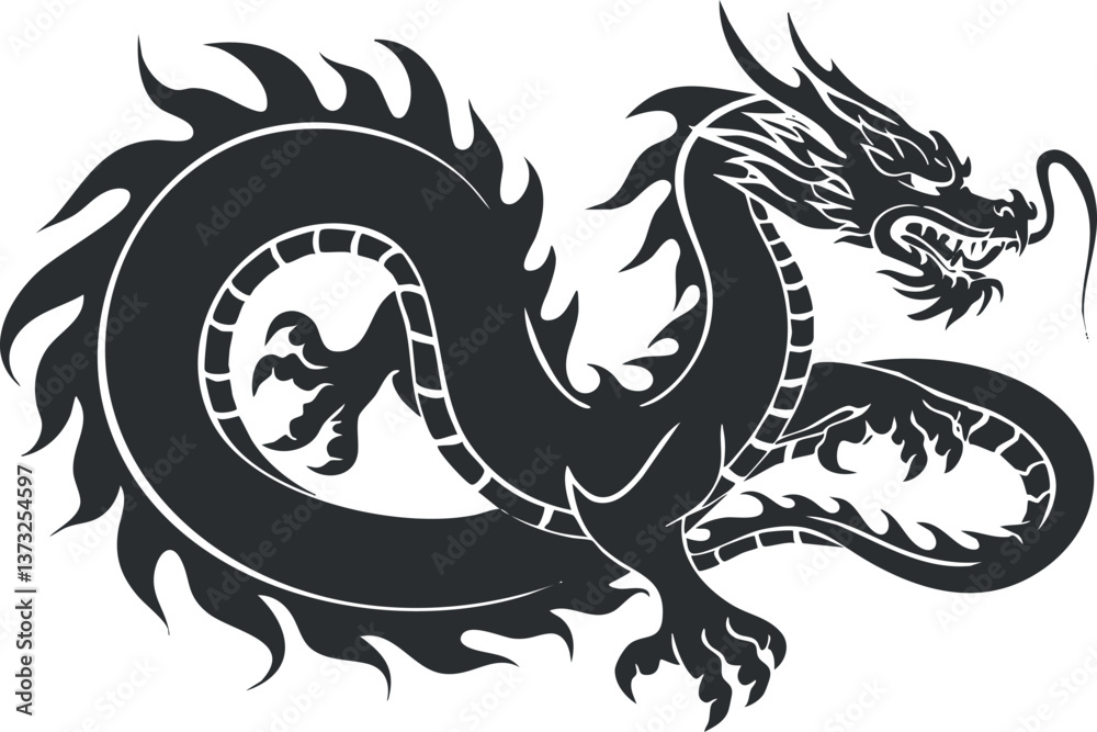 Black silhouette of a mythical dragon, showcasing a powerful and decorative design. Black silhouette of a mythical dragon, showcasing a powerful and decorative design.