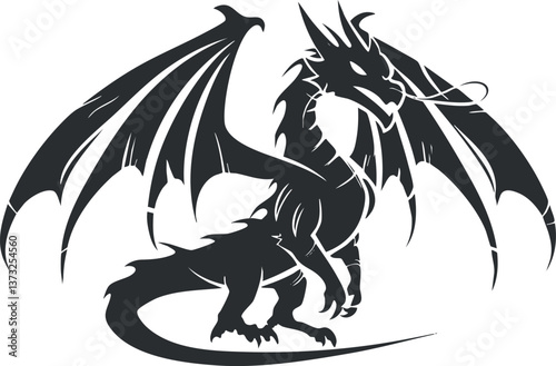 Black and white silhouette of a fierce dragon with wings, ideal for fantasy illustrations.