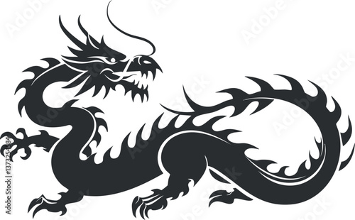 Silhouette of a fierce mythical dragon, ideal for tattoo design or fantasy illustration.