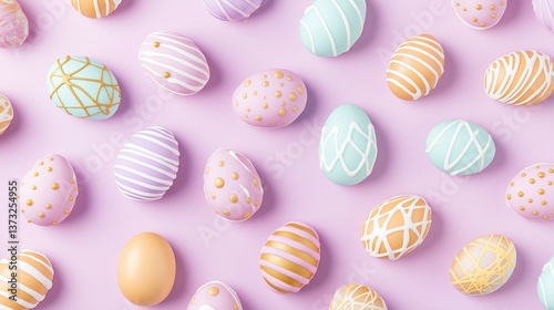 Pattern with egg shaped cookies and frosting on pastel background. Top view. Easter theme. Flat design. 