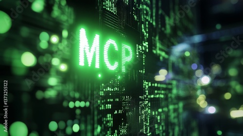 Green glowing MCP text on vintage computer monitor photo