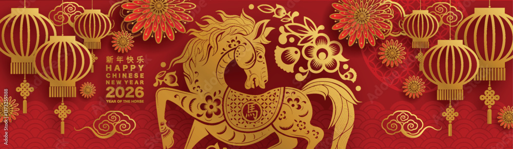Fototapeta premium Happy chinese new year 2026 the horse zodiac sign with flower,lantern,asian elements red and gold color paper cut style on color background. ( Translation : happy new year 2026 year of the horse )