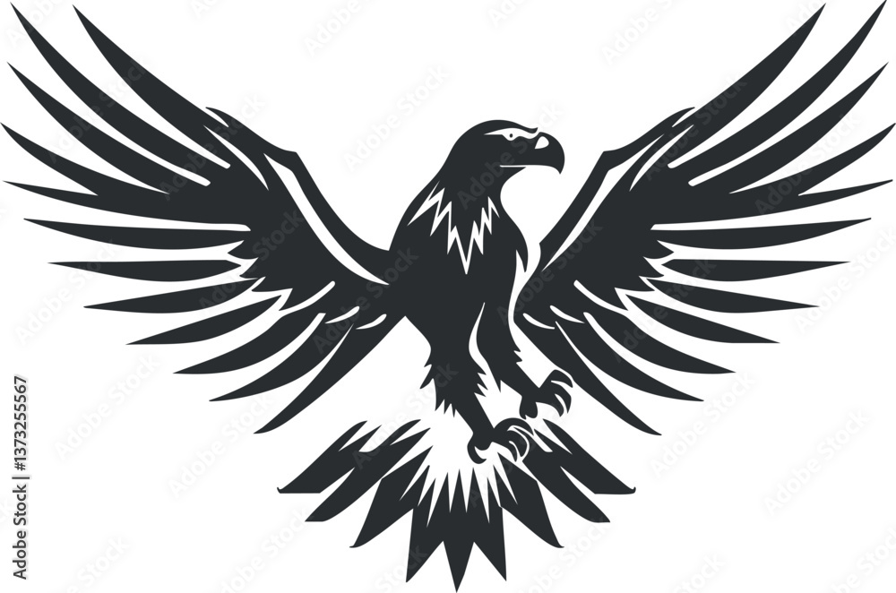 Obraz premium Black and white eagle silhouette with wings spread, symbolizing power and freedom.