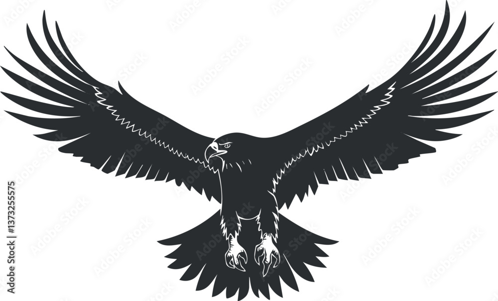 Obraz premium Vector silhouette of an eagle in flight with outstretched wings and detailed feathers.