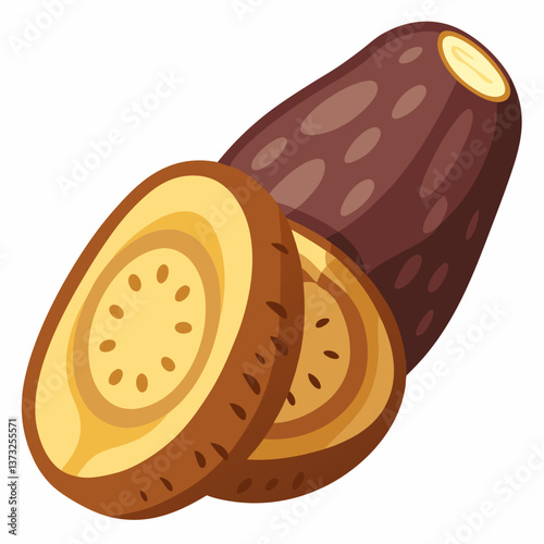 Whole cassava next to a half-cut cassava, showcasing the starchy interior and rough exterior of the root vegetable.