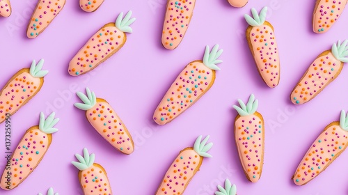 Pattern with carrot shaped cookies and frosting on lilac background. Top view. Easter theme. Flat design. Vegetable healthy vegan food wallpaper.