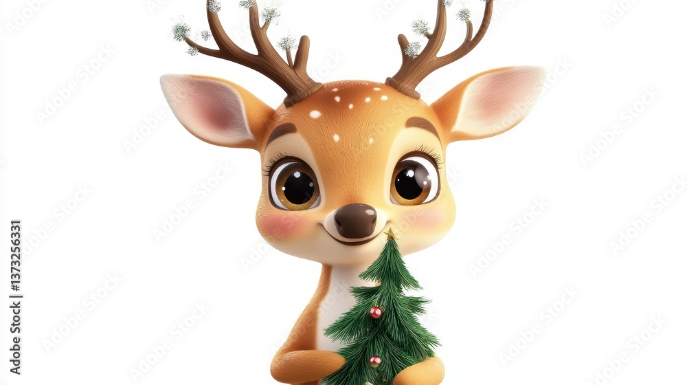 Obraz premium Cute Cartoon Reindeer with Tree