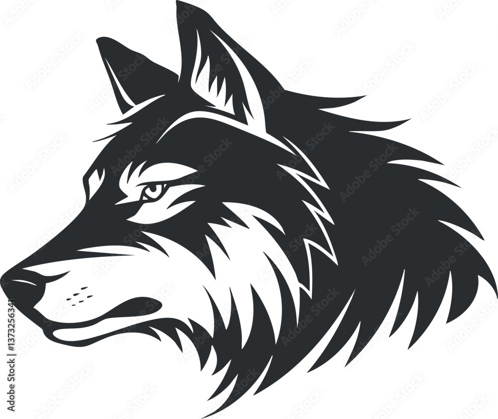 Naklejka premium Black and white silhouette of a wolf head, showcasing a fierce and majestic expression.