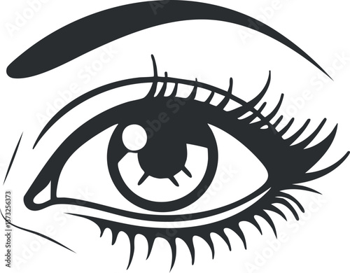 Black and white vector illustration of an eye, featuring detailed eyelashes and eyebrow.