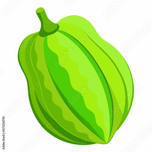 A single green fruit resting on a plain white background, highlighting its vibrant color and smooth texture.
