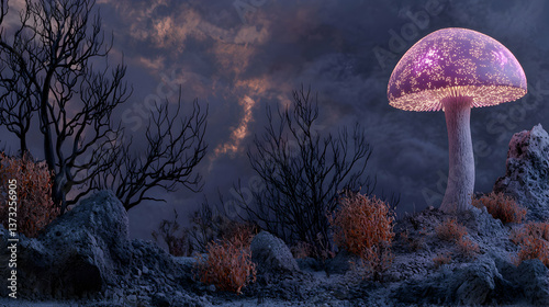 Glowing Purple Mushroom in a Dark Winter Forest photo