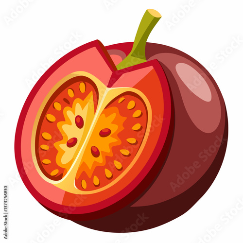 Red grapefruit with a green leaf, depicted in a vector illustration style, showcasing its vibrant color and fresh appearance.
