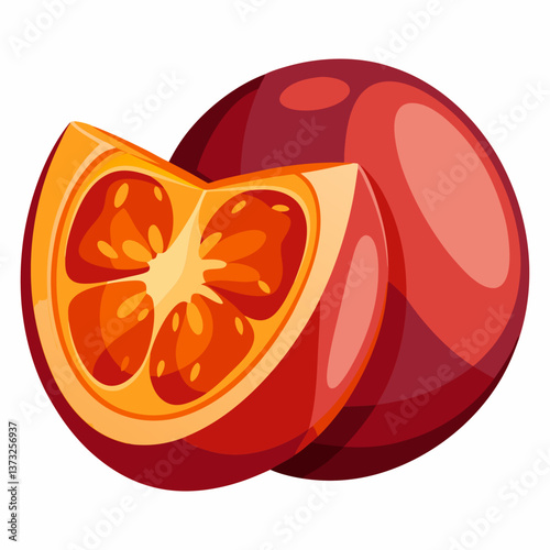 Red grapefruit with a green leaf, depicted in a vector illustration style, showcasing its vibrant color and fresh appearance.
