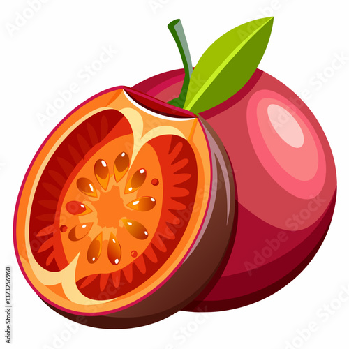 Red grapefruit with a green leaf, depicted in a vector illustration style, showcasing its vibrant color and fresh appearance.